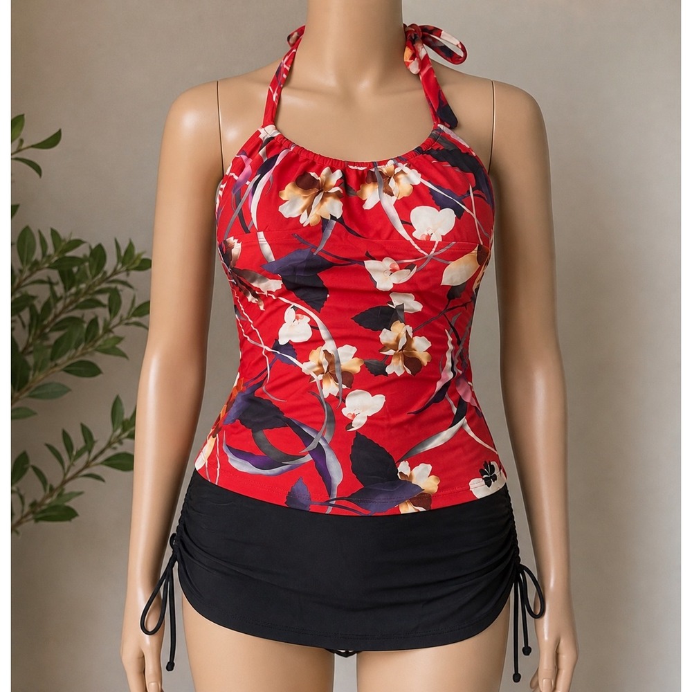 Hapari Red Floral Halter Tankini Top & Black Side Cinch Swim Skirt Set Sz 8-10 M